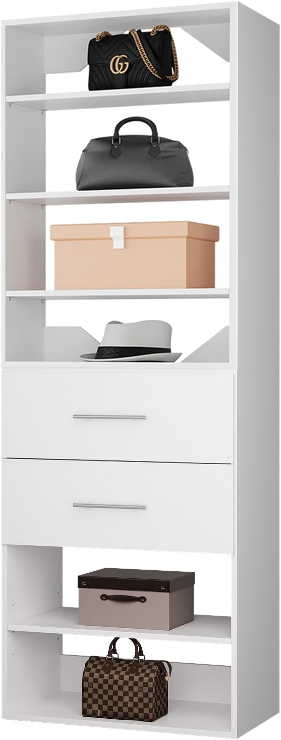 ROOMTEC Modular Closet System, 25.5" 2 Drawer Shelf Closet Tower Wall-Mounted Closet Organizer, Wooden Tower for Walk-In Closets, Wardrobe Storage Kit, White