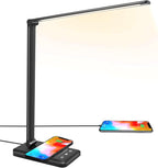 LED Desk Lamp with Wireless Charger, USB Charging Port, 10 Brightness, 5 Color Modes, Desk Lamps for Home Office, Dimmable Table Lamp Eye Caring Reading Light, Touch Control, Auto Timer, Black