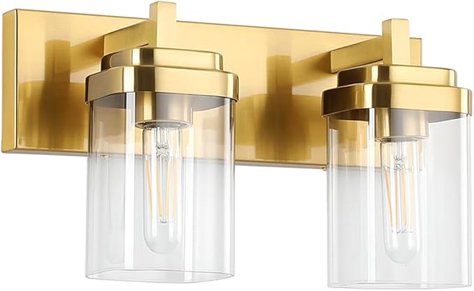Vanity Light Fixture,2-Light Vanity Light for Bathroom,Brushed Gold Bathroom Vanity Lighting Over Mirror with Square Clear Glass Shade for Restroom