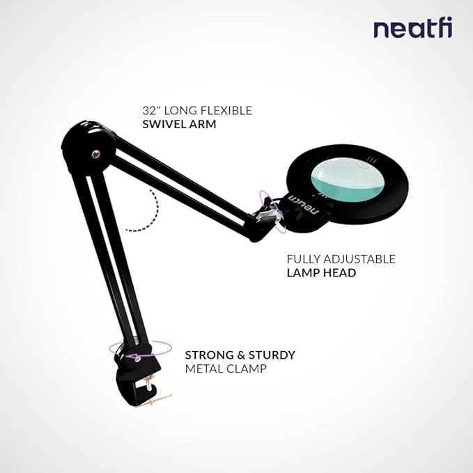 Neatfi XL Bifocal LED Magnifying Lamp – 7” Acrylic Lens, 5D/20D Magnification, 1,600 Lumens, Dimmable with 3 Light Modes, Adjustable Arm & Clamp, Lamp for Reading, Crafting (Black, CCT with Clamp)