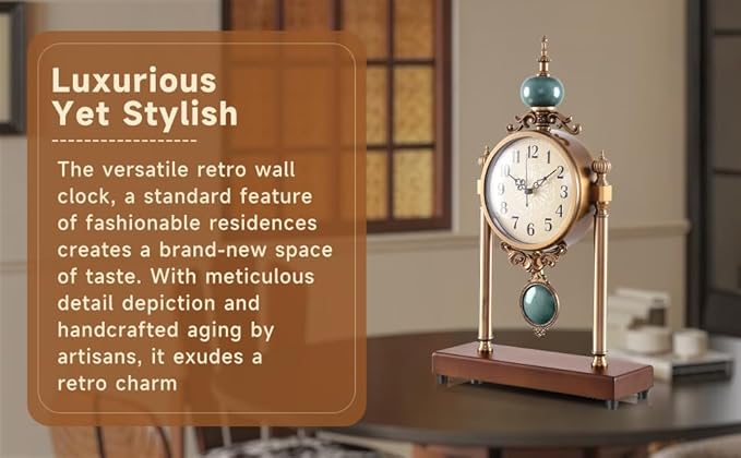 Vintage Fireplace Mantel Clock – Silent Retro Desk Clock for Living Room, Walnut Base with Metal Surface Antique Shelf Pendulum Clock, Home Decor