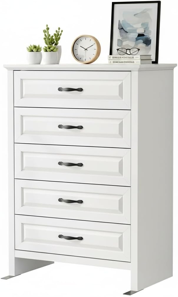 Marsail Farmhouse 5 Drawer Dresser, Wood Chest of Drawers with Natural Texture, Smooth Gliding Drawers, Versatile Storage Organizer Cabinet for Bedroom & Living Room, White