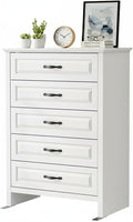 Marsail Farmhouse 5 Drawer Dresser, Wood Chest of Drawers with Natural Texture, Smooth Gliding Drawers, Versatile Storage Organizer Cabinet for Bedroom & Living Room, White