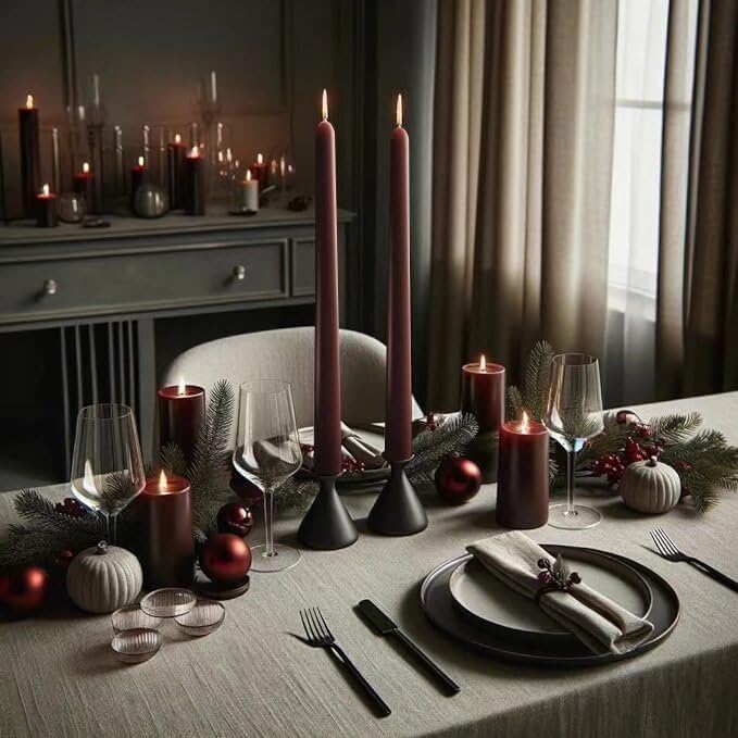 10-Inch Tall Dripless Taper Candles Set of 4 - Dark Red Tapered Candles, Perfect for Christmas - Smokeless, Unscented, Long Burning - Hand Poured, Colored Tall Candlesticks - Bordeaux