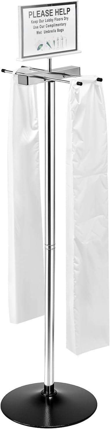 QWORK Umbrella Holder for Entryway, Stainless Steel Umbrella Bag Wrapper Station with Customizable Sign – 200 Long Bags Included, for High Traffic Areas