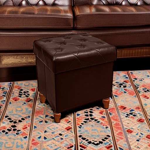 CAROLMADE Folding Storage Ottoman Cube PU Leather Footstool with Wood Legs Ottoman Footrest for Living Room and Bedroom Brown, 15x12.6 x 15.4”