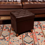 CAROLMADE Folding Storage Ottoman Cube PU Leather Footstool with Wood Legs Ottoman Footrest for Living Room and Bedroom Brown, 15x12.6 x 15.4”