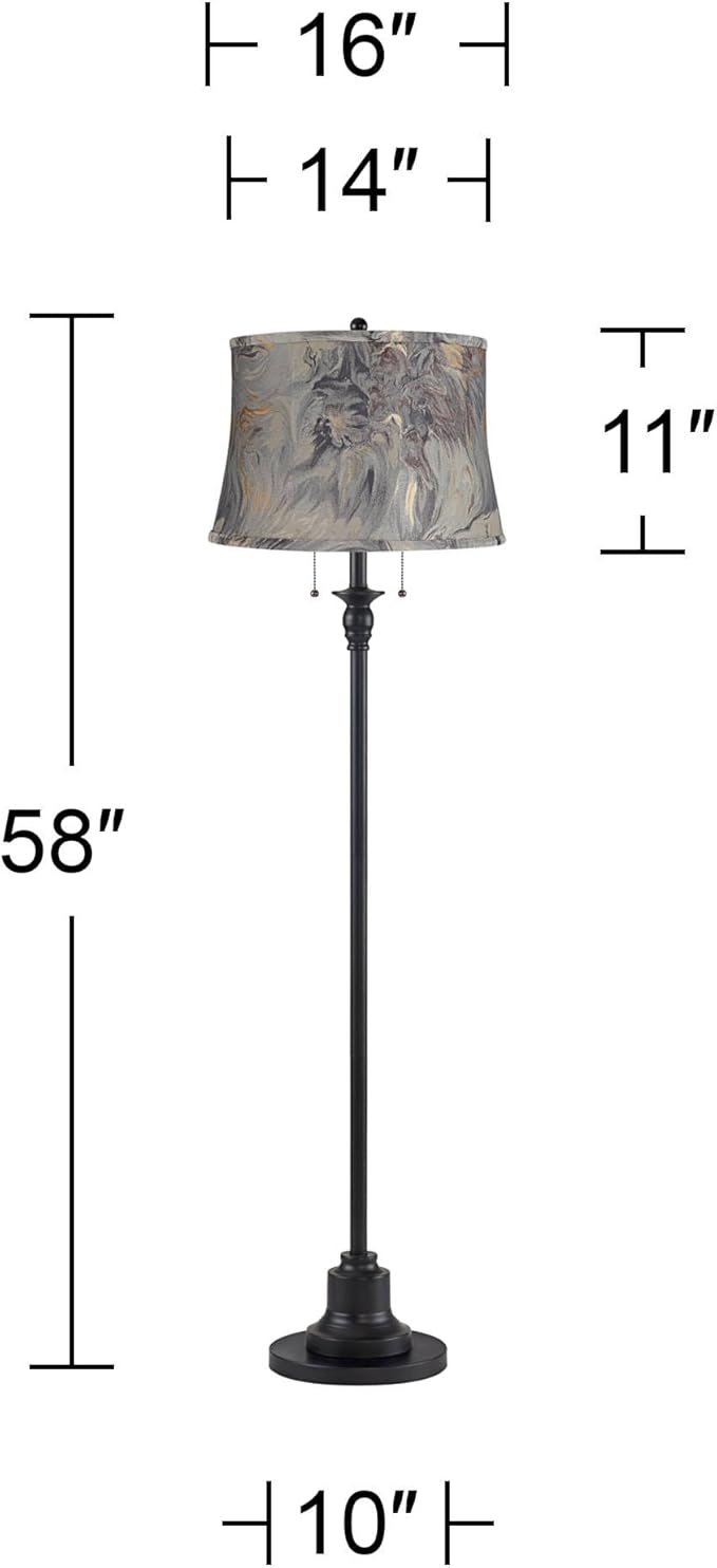 360 Lighting Dyna Traditional 58" Tall 2-Light Standing Floor Lamp Skinny Pole Pull Chain Black Finish Living Room Bedroom House Reading Office Home Decor Entryway Dining Gray Swirl Drum Shade