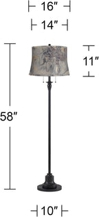 360 Lighting Dyna Traditional 58" Tall 2-Light Standing Floor Lamp Skinny Pole Pull Chain Black Finish Living Room Bedroom House Reading Office Home Decor Entryway Dining Gray Swirl Drum Shade