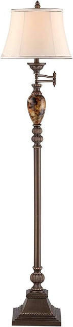 Kathy Ireland Mulholland Rustic Vintage Swing Arm Floor Lamp Standing 61" Tall Bronze Marble Font Ivory Faux Silk Drum Shade Decor for Living Room Reading House Bedroom Home Family Office