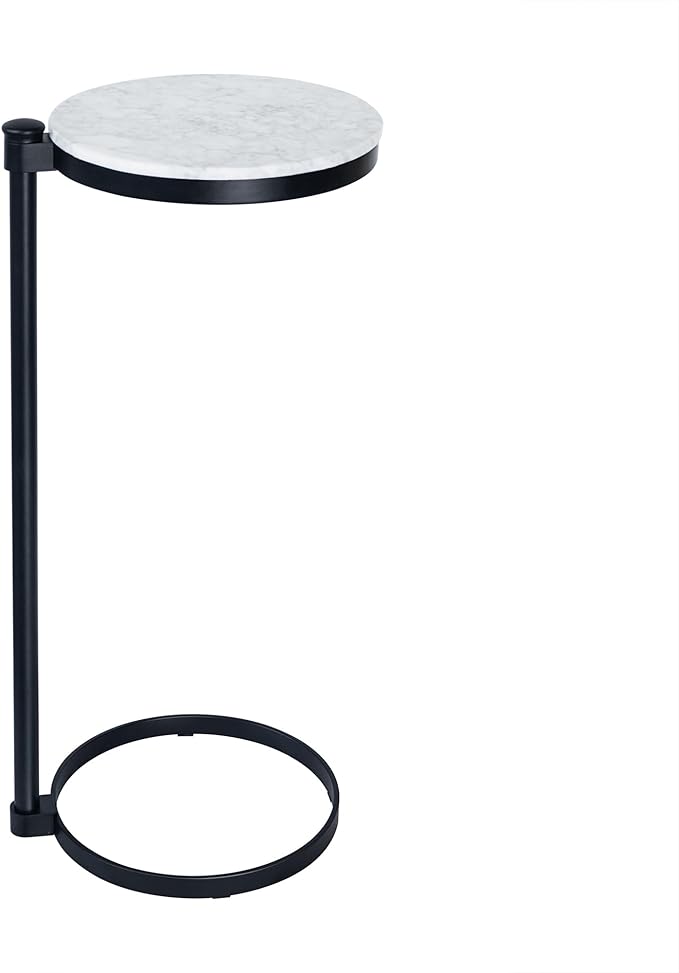 TEHOME Black Marble Drink Table Metal Martini Round Small Drink Side Table for Couch Marble C Shaped End Table for Sofa 10" diam,24.55" h