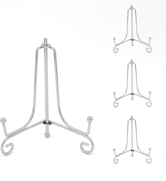 Iron Plate Stands for Display, Foldable Book Holder & Easel Stand for Sign, Versatile Poster Stand and Small Plate Stand for Home Decor, Art, Photo Frame, Card, Crystal Display (Silver, 4 inch (4Pcs))