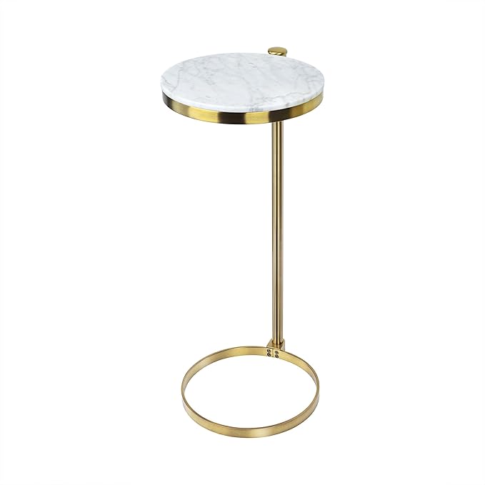 TEHOME Gold Marble Drink Table Metal Martini Round Small Drink Side Table for Couch Marble C Shaped End Table for Sofa 10" diam,24.55" h