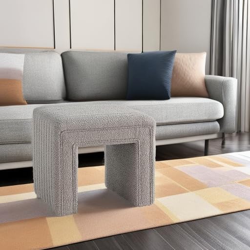 Get Set Style Vanity Stool Chair,Modern Boucle Ottoman Foot Stool with Wooden Legs Sofa Bench Footstool Extra Seat for Vanity,Makeup Room,Living Room,Entryway,Office (Fully Assembled) (Taupe)