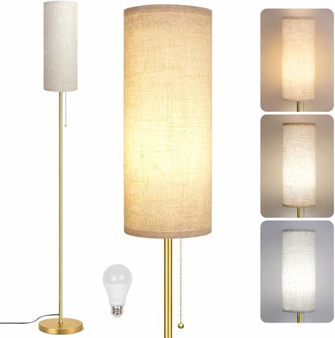 Modern Floor Lamp for Living Room, Gold Standing Lamps with 3 Color Temperatures Bulb, Minimalist Tall Lamp with Chain Switch for Bedroom, LED Bulb Included(Beige Shade+Gold)