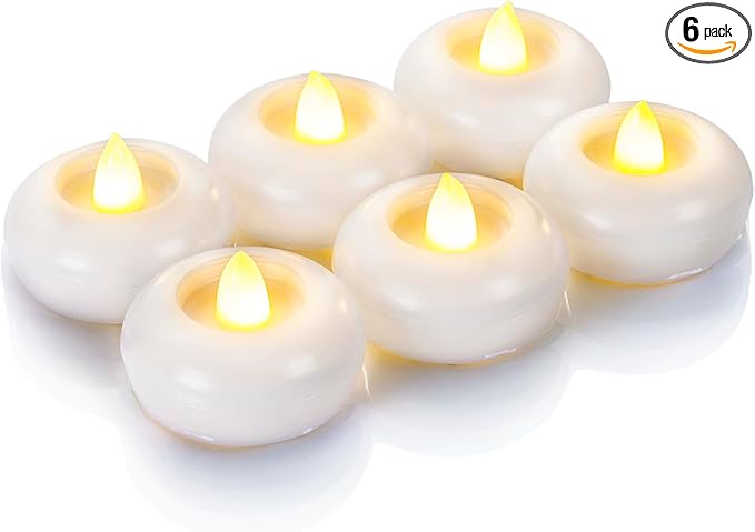 Homemory 2” Flameless Led Floating Candles, 200 Hour Plastic Battery Operated Flickering Waterproof Tealights for Cylinder Vases, Centerpieces at Wedding, Party, Pool, Holiday(6Pack, White Base)