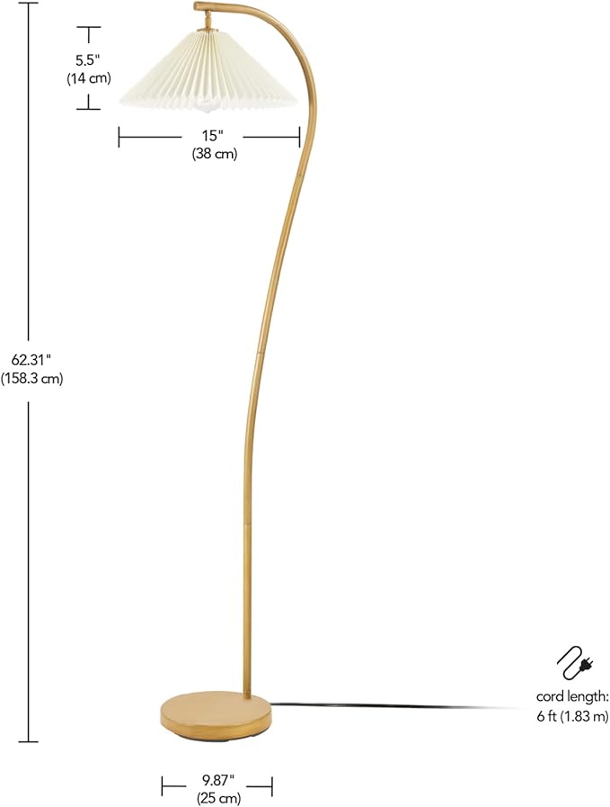 Globe Electric x Novogratz 61000043 62" Floor Lamp, Wood Toned, White Pleated Shade, Pivot Joint on Shade, On/Off Foot Switch, Black Cord, Modern Lighting for Living Room or Office