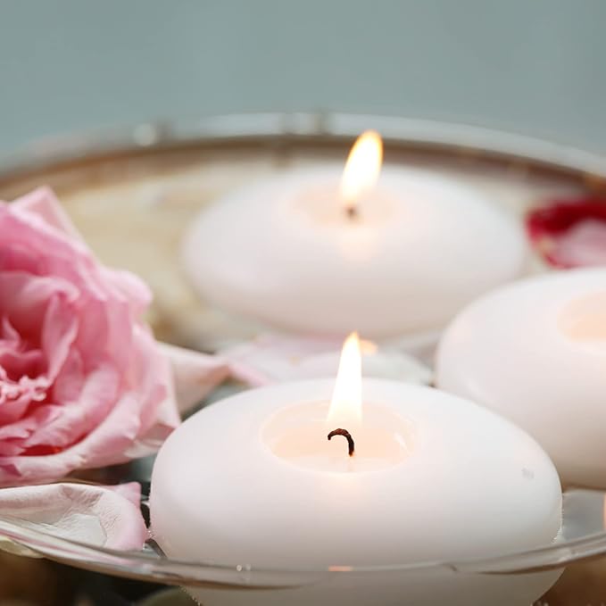 24 Pack Floating Candles, 3” White Unscented Dripless Wax Burning Candles, for Weddings, Party, Cylinder Vases, and Home Decorations