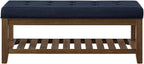 24KF Large Rectangular Upholstered Tufted Linen Fabric Ottoman Bench, Padded Bench with Solid Wood Shelf-Navy Blue