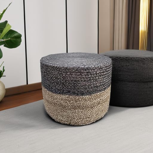 S & L Homes Pouf Ottoman - 100% Jute Braided Footrest Pouf Hand Knitted Traditional Cord Boho Pouffe for Living Room, Bedroom, Nursery, Patio, Lounge Colorblock - Natural Brown (18”x18”x12”)