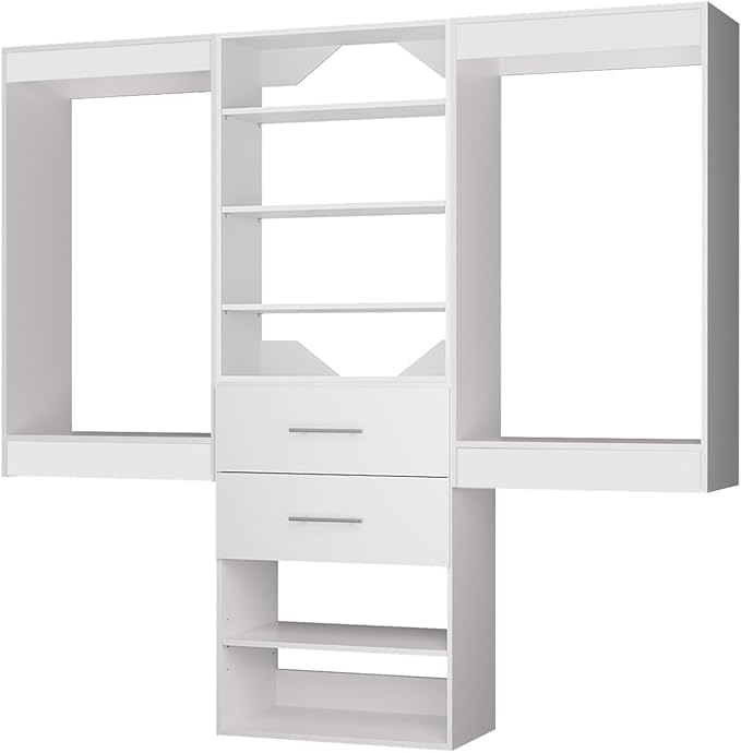 ROOMTEC Modular Closet System, 60" Wall Mounted Closet Organizer with Hanging Rods and Drawers, Wooden Tower for Walk-In Closets, Wardrobe Storage Kit, White
