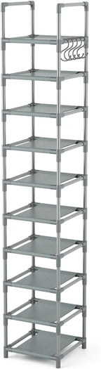 Narrow Shoe Rack 10-Tier Tall Shoe Organizer Skinny Shoe Shelf Storage for 10-15 Pairs Shoe and Boot, Space Saving Corner Shoe Rack Organizer for Closet, Entryway, Living Room, Grey