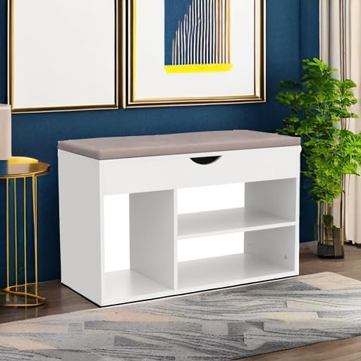 Apicizon 31 Inches Storage Bench, Shoe Bench with Flip Top Storage Space and Padded Cushion, Wooden Entryway Bench for Entryway, Living Room, 2-Tier Shoe Rack Organizer, White