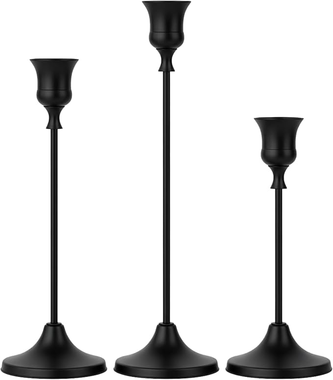 Set of 3 Black Tapered Candle Holder,Candlestick Tall Metal Candlestick Holders for Table Centerpiece Home Decor for Wedding Fireplace Mantel Housewarming Gift Fits 3/4 Inch Thick Candles