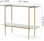 Glass Console Table for Living Room, Foyer & Entrance, 2-Tiers Mid-Century Modern Sofa Table with Clear Glass Top, White Marble Finish Wood Shelf and Gold Finish Frame