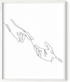 Minimalist Reaching Hands Wall Art Continuous Line Drawing Connection Symbol 16x20 Inch Oak Wood White Framed Aesthetic Modern Decor Print for Bedroom Living Room
