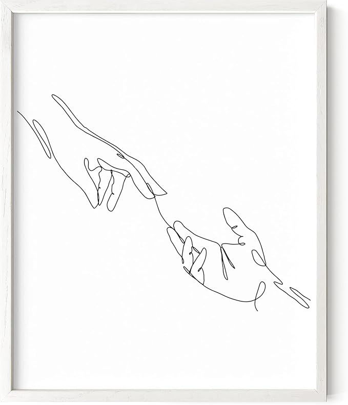 Minimalist Reaching Hands Wall Art Continuous Line Drawing Connection Symbol 16x20 Inch Oak Wood White Framed Aesthetic Modern Decor Print for Bedroom Living Room