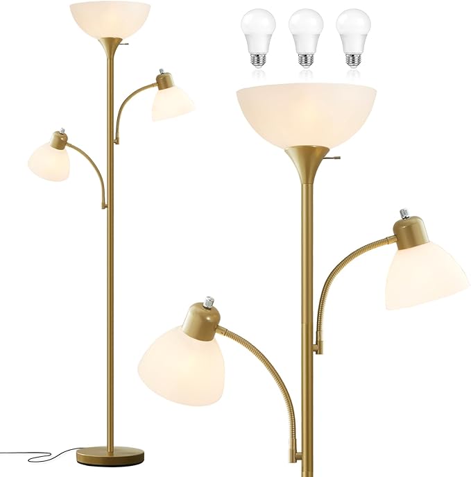 Luvkczc Floor Lamps for Living Room, 72" Tall Standing Lamps, Torchiere Lamp with 8W Adjustable Reading Lights, Modern Bright Floor Lamp for Bedroom, Office, Dresser, Gold&White, Bulbs Included