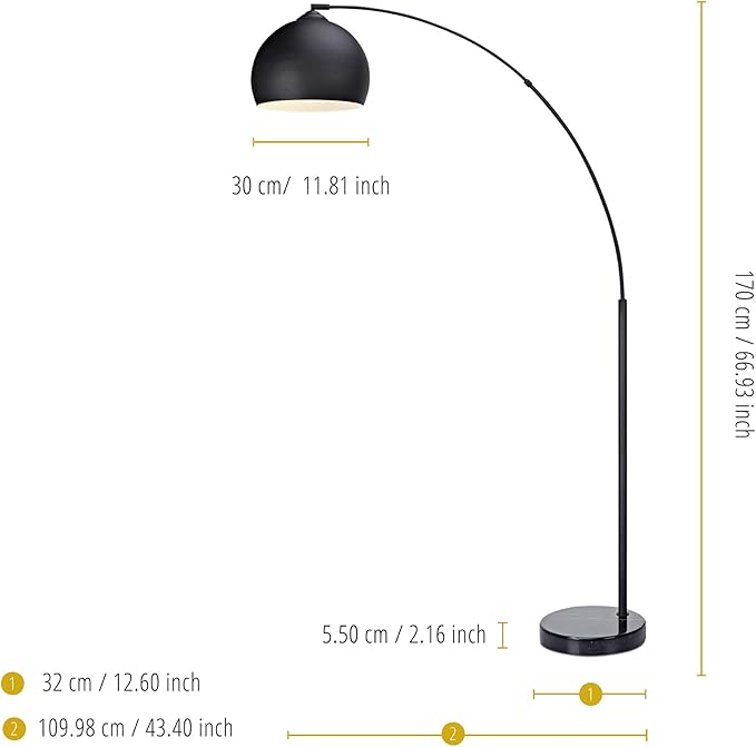 Teamson Home Arquer 66.93" Arc Floor Lamp for Living Rooms, Home Offices, Dining Rooms, Bedrooms with Faux Black Marble Base and Black Bell Shade
