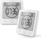 BALDR Digital Bathroom Clocks - 2 Pack Water-Resistant Shower Clock with Timer - Large LCD Display Digital Clock for Shower with Timer, Temperature and Humidity, Wall Clock for Bathroom, White