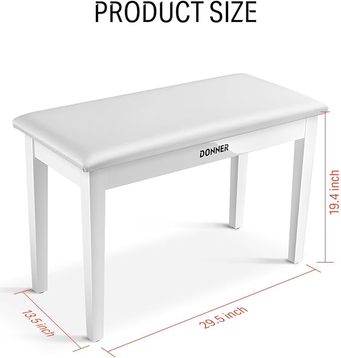 Donner Duet Piano Bench with Storage, Solid Wooden Keyboard Bench Piano Bookcase Stool Chair Seat with High-Density Sponges Padded Cushion, White