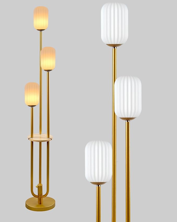 Gold Dimmable Floor Lamp with Table, Modern Floor Lamps with Oval Striped Lampshade 3000K Soft Warm White 3-Lights Candle Holder Style Tall Lamp for Living Room/Bedroom