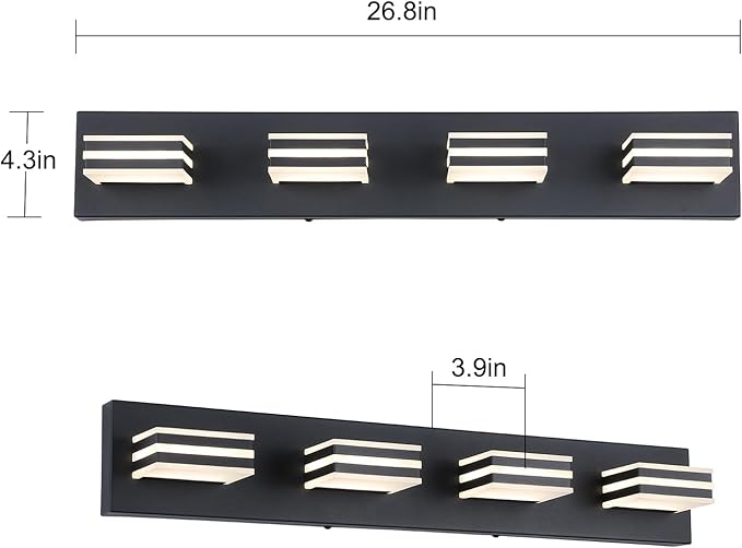 4-Light LED Black Vanity Lights for Bathroom Light Fixtures Adjust 3 Colors Modern Bath Lighing Over Mirror LED Vanity Light 27inch Acrylic Heads