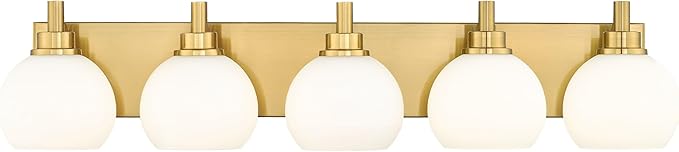 Bathroom Light Fixtures, 5-Light Brushed Gold Bathroom Vanity Lights Over Mirror with Globe Milk White Glass Shade, 32 Inch Modern Vanity Lighting Fixtures, VL195-BG-ML-5