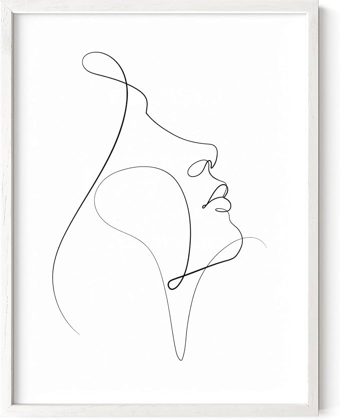 Minimalist Woman Profile Wall Art Upward Gaze Continuous Line Drawing Feminine Face 12x16 Inch Oak Wood White Framed Modern Aesthetic Print for Living Room