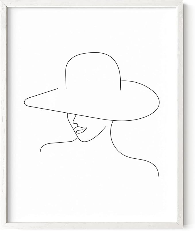 Elegant Woman in Hat Wall Art Minimalist Feminine Profile Continuous Line Drawing 11x14 Inch Oak Wood White Framed Chic Fashion Print for Vanity Bedroom