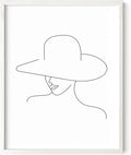 Elegant Woman in Hat Wall Art Minimalist Feminine Profile Continuous Line Drawing 11x14 Inch Oak Wood White Framed Chic Fashion Print for Vanity Bedroom