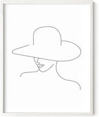 Elegant Woman in Hat Wall Art Minimalist Feminine Profile Continuous Line Drawing 11x14 Inch Oak Wood White Framed Chic Fashion Print for Vanity Bedroom