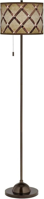 Modern Rustic Industrial 62" Tall Standing Floor Lamp Skinny Club Pole Pull Chain Brown Tiger Bronze Finish Living Room Bedroom House Reading Office Home Décor Metal Weave Drum Shade