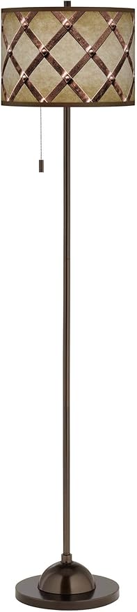 Modern Rustic Industrial 62" Tall Standing Floor Lamp Skinny Club Pole Pull Chain Brown Tiger Bronze Finish Living Room Bedroom House Reading Office Home Décor Metal Weave Drum Shade