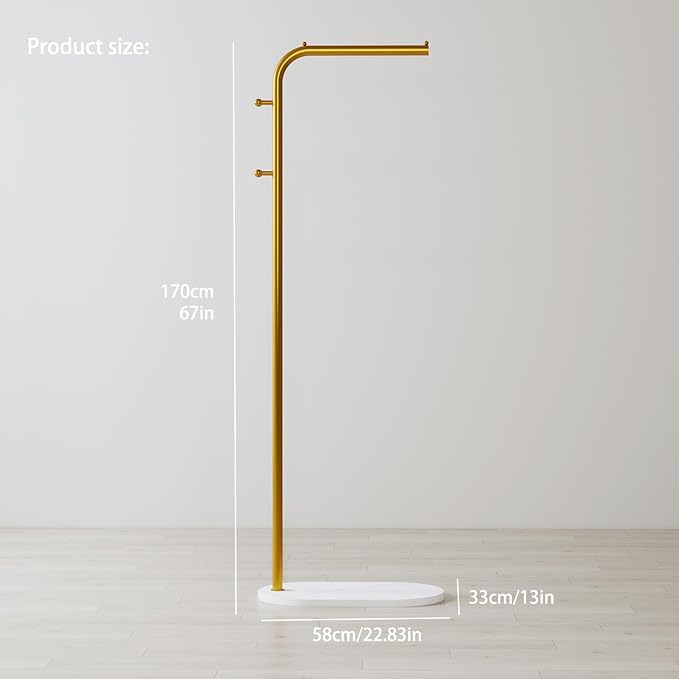 Gold clothing rack for small Spaces,Modern clothes racks for hanging clothes,7-shaped coat rack Freestanding with Marble Base and 2 Hooks coat hanger stand for Jackets, Coats, Hats (gold)