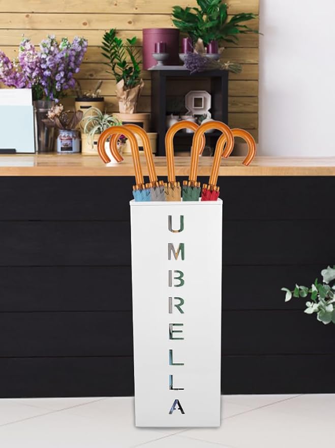 Metal Umbrella Stand Holder, 16.5x6.3x6.3inch Square Free Standing Umbrella Rack Decorative Umbrella Holder Bin Multipurpose Walking Sticks Holder for Umbrella Cane Entryway (White)