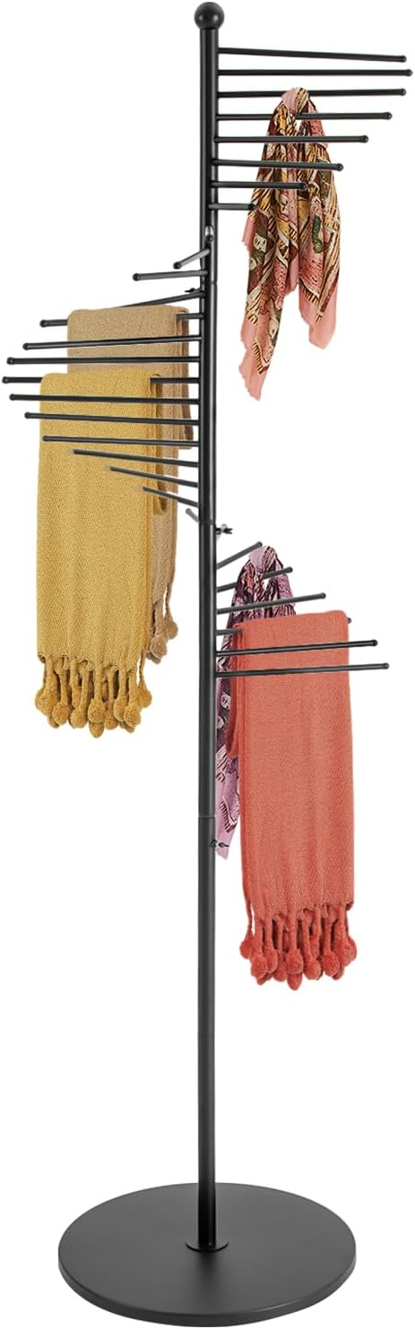 DYRABREST 67" Freestanding Scarf Organizer, Metal Spiral Scarf Holder with 30 Rods, Commercial Hijab Organizer Belt Pants Hanger for Clothing Store Home, Space Saving Shelves (Black)