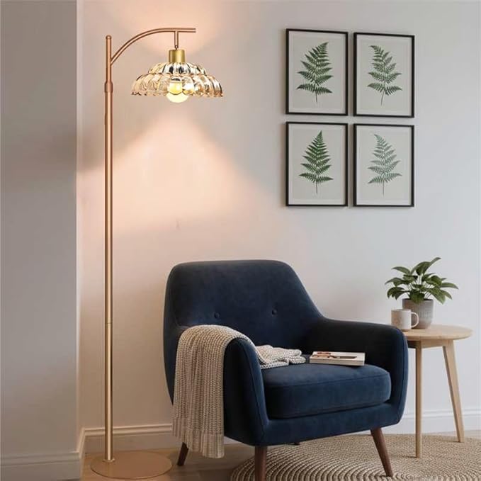 Floor Lamp with Amber Glass Shade, Dimmable Standing Lamp with Remote, Gold Floor Lamp for Living Room,Bedroom, Mid Century Tall Lamp with 12W LED Bulb