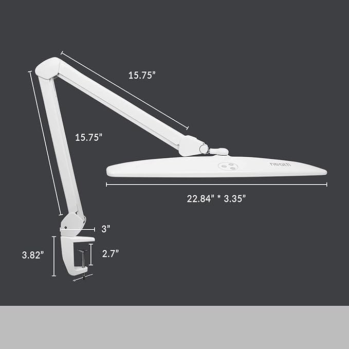 Neatfi Elite HD XL Desk Lamp with Clamp, 1600 Lumens, 22-Inch Wide Head, Non-Polar Dimming, 84 SMD LEDs, 6500K, Task Light for Home, Office, Study Room (Non-CCT with Clamp, White, 22 Inches)