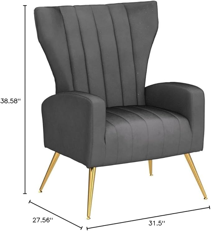Modern Velvet Accent Chair, Channel Tufted Bedroom, Office or Living Room Furniture with Elegant Metal Legs, 26" Wide Armchair, Grey